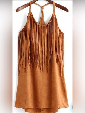 Fringe Faux Suede Halter Mini-Dress- Brown
